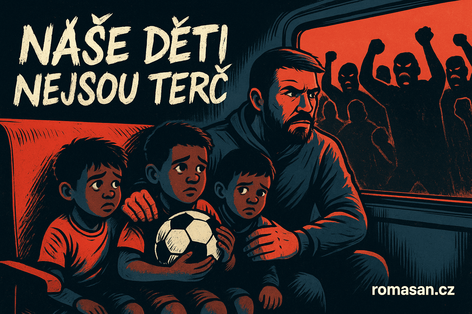 Komiksová ilustrace rasismu ve vlaku vůči romským dětem, děti sedí ve vagónu s trenérem a chrání je před davem.