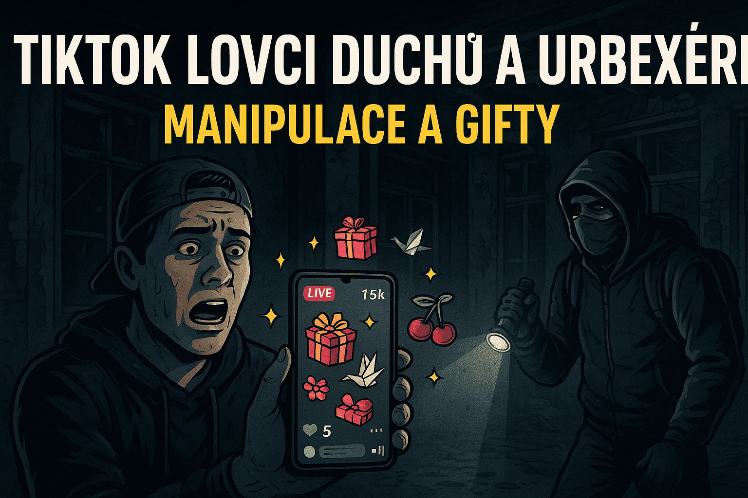 „TikTok lovci duchů a urbexeři při livestreamu v opuštěné budově, manipulace přes gifty.“