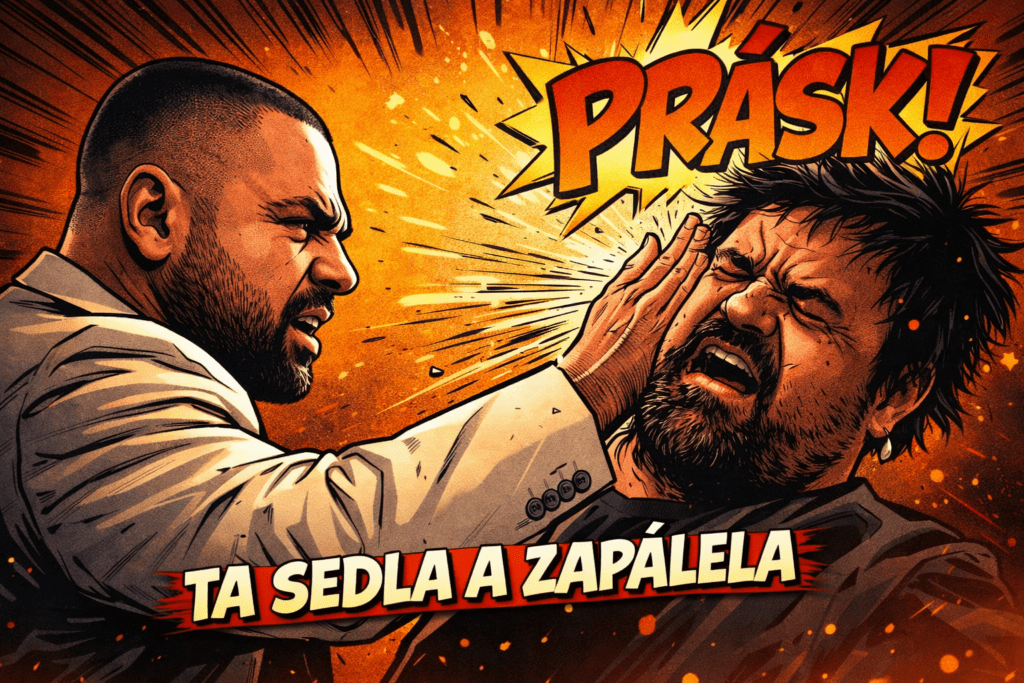 Napadení Pavla Novotného – komiksová ilustrace Cavaliho a momentu facky