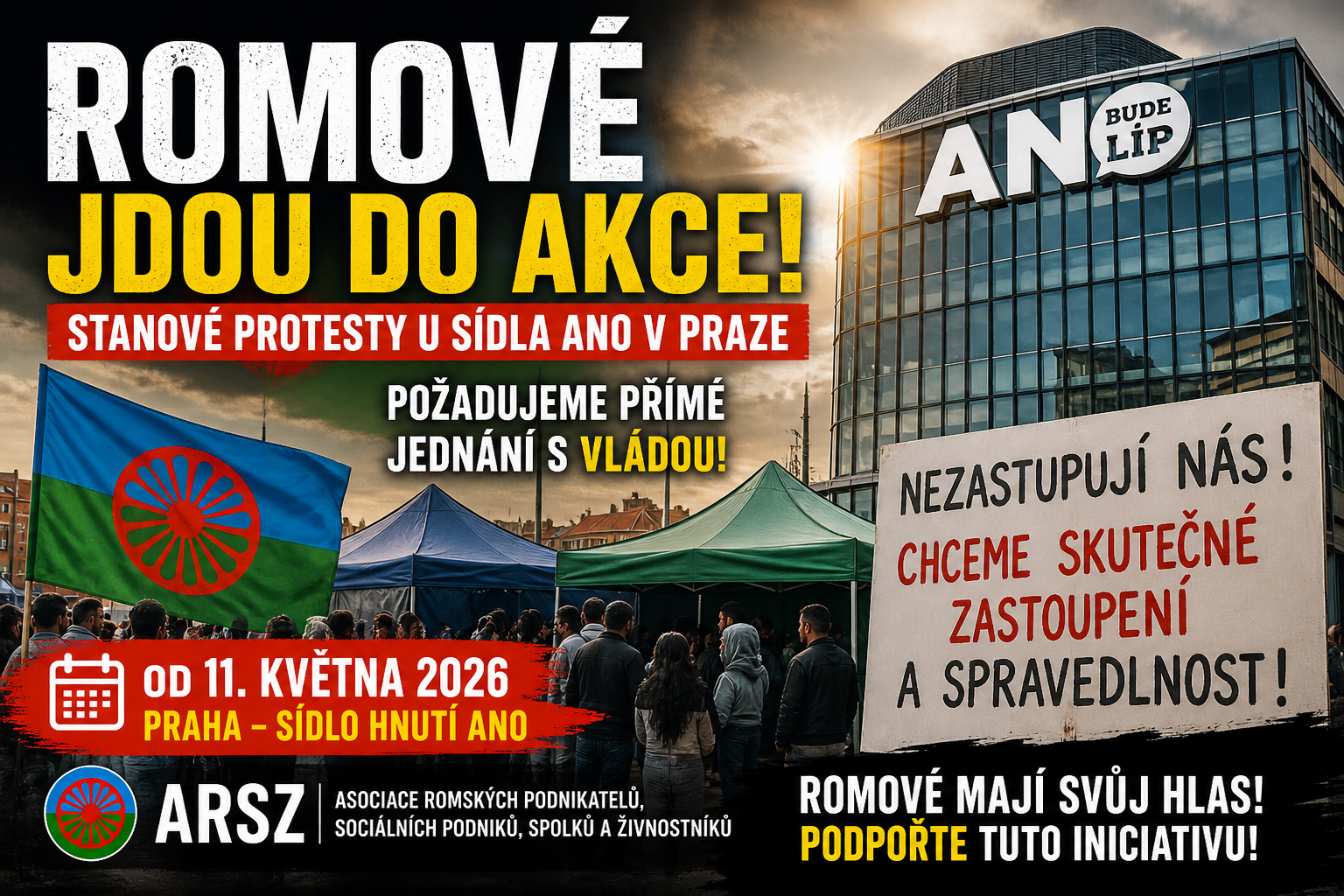 romská akce Praha 2026 protest ARSZ stany před sídlem ANO