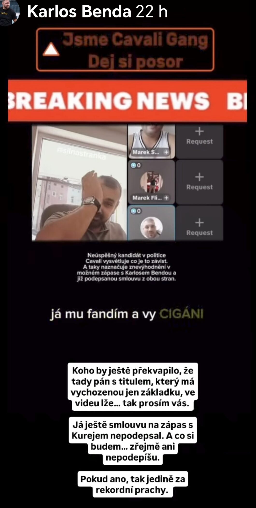 Karlos Benda požaduje rekordní peníze za zápas s Cavalim