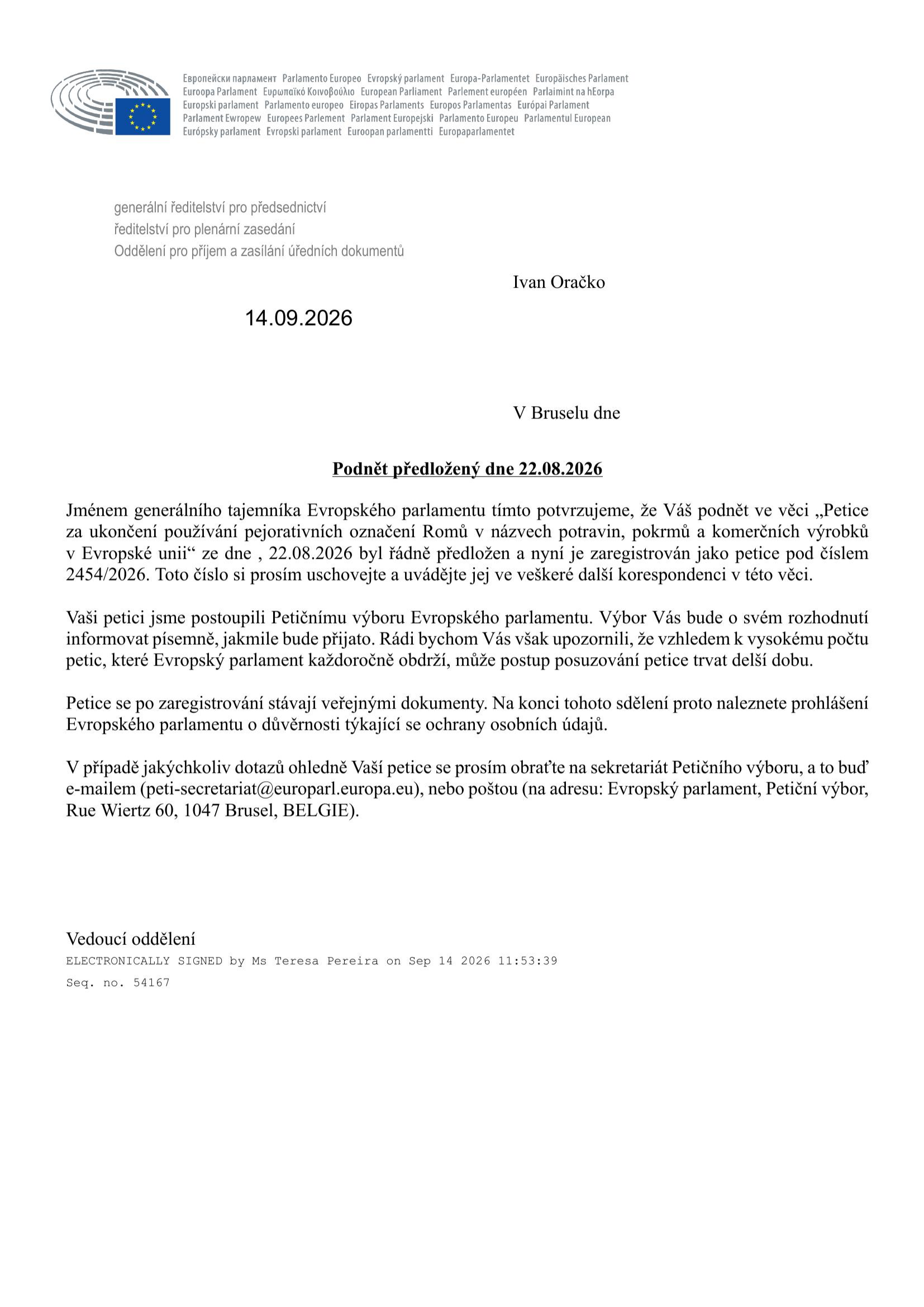 Petice proti pejorativním názvům potravin – potvrzení registrace v Evropském parlamentu