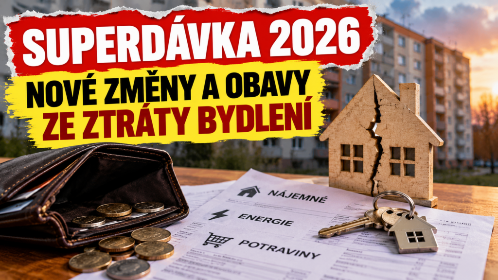 Superdávka 2026 – nové změny a obavy ze ztráty bydlení, prázdná peněženka, účty za nájem a energie a prasklý symbol domu.