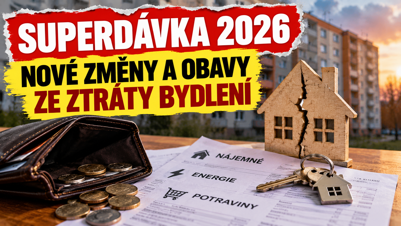 Superdávka 2026 – nové změny a obavy ze ztráty bydlení, prázdná peněženka, účty za nájem a energie a prasklý symbol domu.