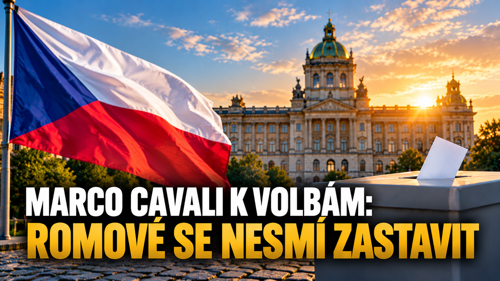 Marco Cavali k volbám 2026: Romové se nesmí zastavit. Česká vlajka, volební urna a budova symbolizující politickou reprezentaci.